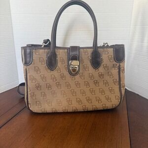 Dooney Bourke Signature Print Satchel Shoulder Bag Brown Tan Leather Trim